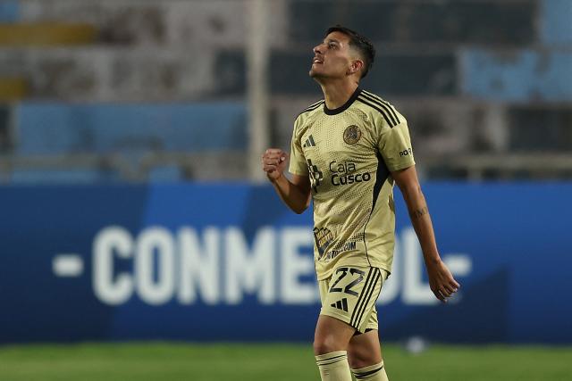 Cusco's Argentine midfielder #22 Lucas Colitto celebrates after scoring his team's first goal during the Copa Libertadores group stage football match between Peru's Cusco FC and Argentina's Estudiantes de La Plata at the Inca Garcilaso de la Vega stadium in Cusco, Peru on May 6, 2026. (Photo by Miguel Marruffo / AFP)