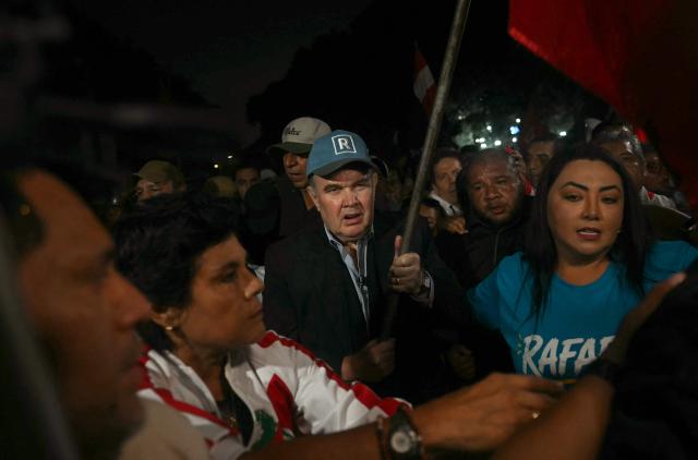 Peru's presidential candidate for the Renovacion Popular party, Rafael Lopez Aliaga, attends a rally to demand respect for the recent elections in Lima on May 6, 2026. (Photo by ERNESTO BENAVIDES / AFP)