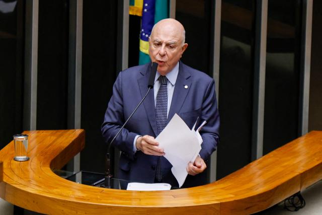 Deputy Arnaldo Jardim, rapporteur of the rare elements bill, delivers a speech at the Chamber of Deputies in Brasilia on May 6, 2026. Brazil's Chamber of Deputies approved a bill that expands the Executive Branch's powers over rare earth elements and offers incentives to the private sector to exploit the country's vast reserves. (Photo by Sergio Lima / AFP)