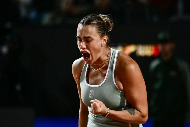 Belarus' Aryna Sabalenka reacts after a point as she plays against Czech Republic's Barbora Krejcikova during their women's singles match of the WTA Rome Open tennis tournament at the Foro Italico in Rome on May 7, 2026. (Photo by Filippo MONTEFORTE / AFP)