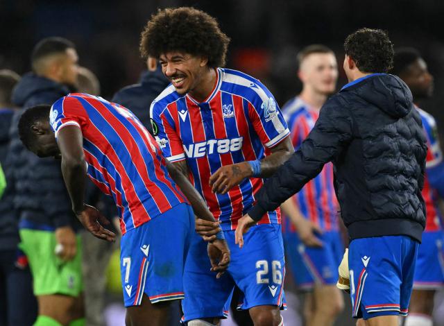 Crystal Palace's Senegalese midfielder #07 Ismaila Sarr (L), Crystal Palace's US defender #26 Chris Richards (C) and Crystal Palace's Spanish midfielder #10 Yeremy Pino celebrate at the full-time whistle during the UEFA Conference semi-final second-leg football match between Crystal Palace and Shakhtar Donetsk at Selhurst Park in London on May 7, 2026. (Photo by Glyn KIRK / AFP)
