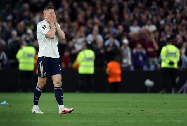 Nottingham Forest's Serbian defender #31 Nikola Milenkovic reacts at the end of the UEFA Europa League, semi-final second-leg football match between Aston Villa and Nottingham Forest at Villa Park in Birmingham, central England on May 7, 2026. (Photo by Darren Staples / AFP)
