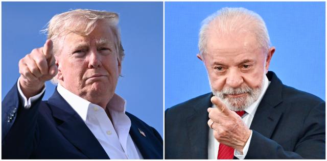 (FILES) (COMBO) This combination of file pictures created on July 31, 2025 shows Brazilian President Luiz Inacio Lula da Silva (R) gesturing in the launch of the government's digital platform project for citizens at the Planalto Palace in Brasilia, on July 23, 2025, and US President Donald Trump pointing as he boards Air Force One at RAF Lossiemouth, north-east Scotland on July 29, 2025 at the end of his trip to Scotland. President Donald Trump and his Brazilian counterpart Luiz Inacio Lula da Silva on May 7, 2026, hailed a positive three-hour meeting in Washington, as the ideological opposites sought to smooth tensions. (Photo by Evaristo SA and Brendan SMIALOWSKI / AFP)