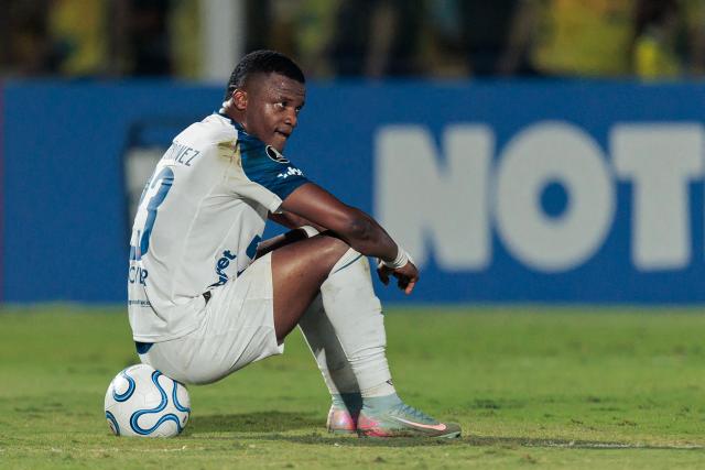 Liga de Quito's forward #23 Yerlin Quinonez reacts at the end of the Copa Libertadores group stage football match between Brazil's Mirassol and Ecuador's Liga de Quito at the Jose Maria de Campos Maia stadium in Mirassol, state of Sao Paulo, Brazil on May 7, 2026. (Photo by RAPHA MARQUES / AFP)