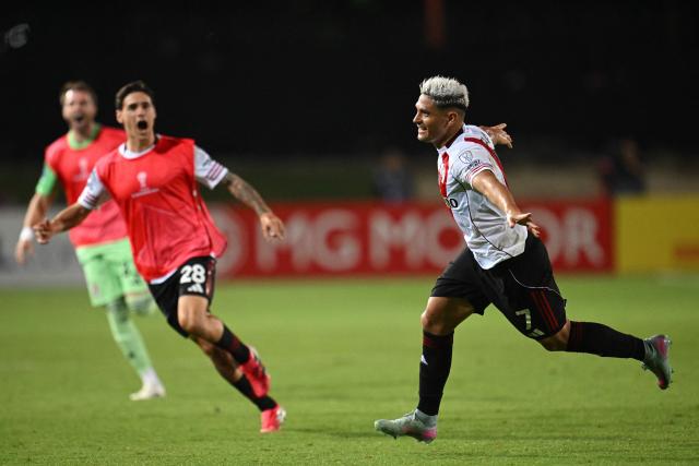 River Plate's forward #07 Maximiliano Salas celebrates scoring his team's second goal during the Copa Sudamericana group stage football match between Venezuela's Carabobo FC and Argentina's River Plate at the Misael Delgado stadium in Valencia, Carabobo state, Venezuela on May 7, 2026. (Photo by Federico PARRA / AFP)