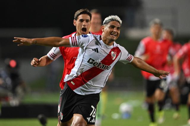 River Plate's forward #07 Maximiliano Salas celebrates scoring his team's second goal during the Copa Sudamericana group stage football match between Venezuela's Carabobo FC and Argentina's River Plate at the Misael Delgado stadium in Valencia, Carabobo state, Venezuela on May 7, 2026. (Photo by Federico PARRA / AFP)