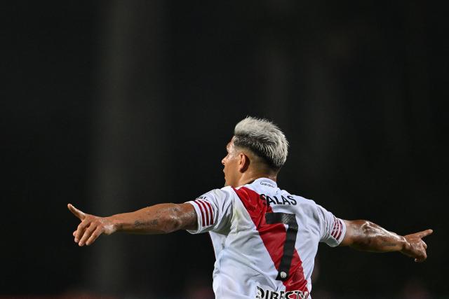 River Plate's forward #07 Maximiliano Salas celebrates scoring his team's second goal during the Copa Sudamericana group stage football match between Venezuela's Carabobo FC and Argentina's River Plate at the Misael Delgado stadium in Valencia, Carabobo state, Venezuela on May 7, 2026. (Photo by Federico PARRA / AFP)