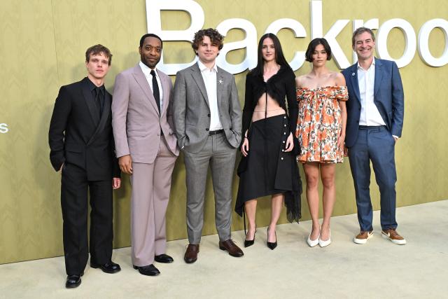 (L/R) Irish-British Finn Bennett, British actor Chiwetel Ejiofor, US director Kane Parsons Kane Parsons, Norwegian actress Renate Reinsve, US actress Lukita Maxwell and US filmmaker and actor Mark Duplass attend the LA special screening of "Backrooms" at the Aero Theatre in Santa Monica, California on May 7, 2026. (Photo by LISA O'CONNOR / AFP)