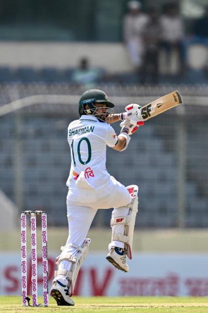 Bangladesh's Shadman Islam plays a shot during the first test cricket match between Bangladesh and Pakistan at the Sher-e-Bangla National Stadium in Mirpur on May 8, 2026. (Photo by Munir UZ ZAMAN / AFP)