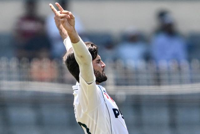 Pakistan's Shaheen Shah Afridi celebrates after taking the wicket of Bangladesh's Mahmudul Hasan Joy during the first test cricket match between Bangladesh and Pakistan at the Sher-e-Bangla National Stadium in Mirpur on May 8, 2026. (Photo by Munir UZ ZAMAN / AFP)