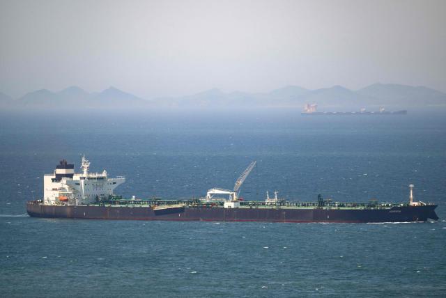 Malta-flagged oil tanker Odessa arrives near Daesan Port in Seosan City on May 8, 2026. An oil tanker that passed through the Strait of Hormuz arrived in South Korea on May 8, the first such vessel to reach the Asian nation by that route since Iran declared the critical waterway closed. (Photo by Shin Yong-ju / AFP)