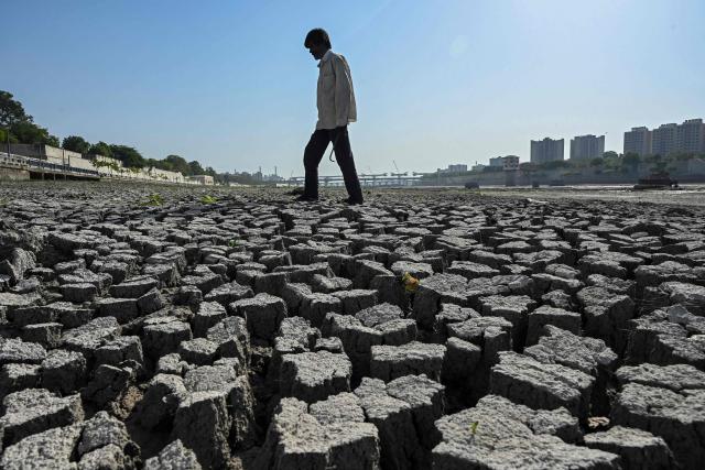 A man walks on the dry riverbed of the Sabarmati River in Ahmedabad on May 8, 2026. (Photo by Shammi MEHRA / AFP)