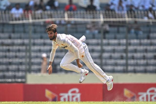 Pakistan's Shaheen Shah Afridi bowls during the first test cricket match between Bangladesh and Pakistan at the Sher-e-Bangla National Stadium in Mirpur on May 8, 2026. (Photo by MUNIR UZ ZAMAN / AFP)