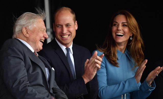(FILES) Britain's Prince William (C), Britain's Catherine (R) and David  Attenborough (L) attend the naming ceremony of Britain's new polar research ship, the RRS Sir David Attenborough in Birkenhead, northwest England on September 26, 2019. David Attenborough, a leading voice on climate change and biodiversity loss whose landmark documentaries transformed popular understanding of the natural world for a global audience, marks his 100th birthday on May 8, 2026. (Photo by Paul ELLIS / AFP)