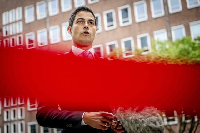 Dutch Prime Minister Rob Jetten speaks to the press ahead of the first weekly cabinet meeting after the May recess at the Ministry of General Affairs in The Hague on May 8, 2026. Dutch Prime Minister Rob Jetten on May 7 hit out at a "cowardly act of intimidation" after the offices of his centrist D66 party in The Hague were attacked with a firework bomb. (Photo by Robin Utrecht / ANP / AFP) / Netherlands OUT