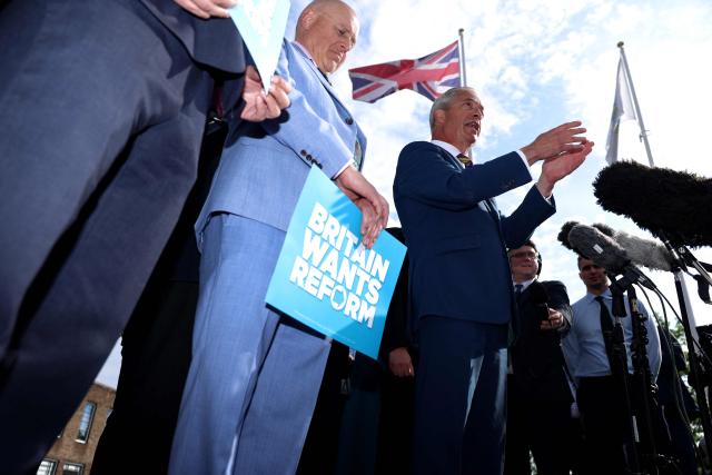 Reform UK leader Nigel Farage speaks outside Havering Town Hall a day after local elections in east London on May 8, 2026. Farage's anti-immigrant Reform UK has gained over 350 seats while Labour has lost over 240 across 40 of the 136 English councils to announce results so far. (Photo by Toby Shepheard / AFP)