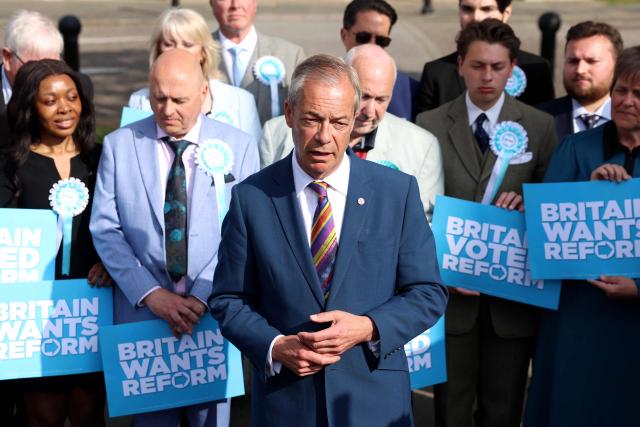 Reform UK leader Nigel Farage speaks outside Havering Town Hall a day after local elections in east London on May 8, 2026. Farage's anti-immigrant Reform UK has gained over 350 seats while Labour has lost over 240 across 40 of the 136 English councils to announce results so far. (Photo by Toby Shepheard / AFP)