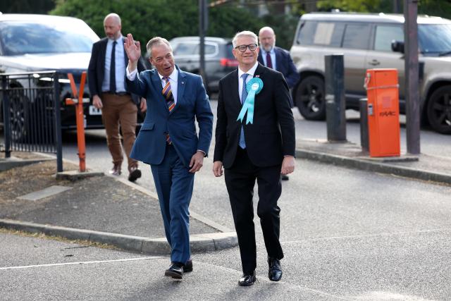 Reform UK leader Nigel Farage arrives outside Havering Town Hall a day after local elections in east London on May 8, 2026. Farage's anti-immigrant Reform UK has gained over 350 seats while Labour has lost over 240 across 40 of the 136 English councils to announce results so far. (Photo by Toby Shepheard / AFP)