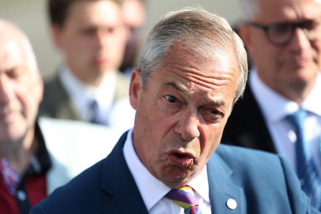Reform UK leader Nigel Farage speaks outside Havering Town Hall a day after local elections in east London on May 8, 2026. Farage's anti-immigrant Reform UK has gained over 350 seats while Labour has lost over 240 across 40 of the 136 English councils to announce results so far. (Photo by Toby Shepheard / AFP)