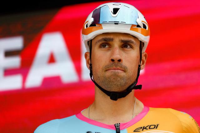 NSN Cycling Team British rider Ethan Vernon looks on during the presentation of the teams prior the 1st stage of the Giro d'Italia 2026 - Tour of Italy cycling race between Nessebar and Burgas, Bulgaria, on May 8, 2026. (Photo by Luca Bettini / AFP)