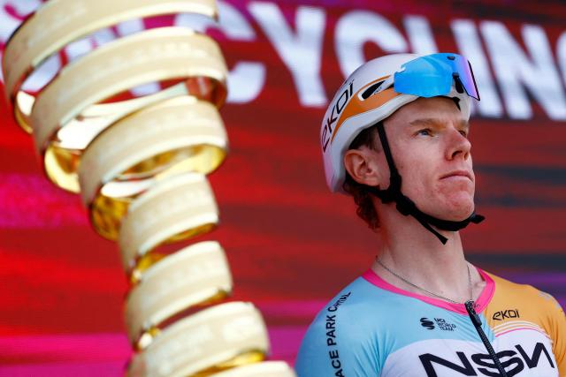 NSN Cycling Team British rider Jake Stewart looks on during the presentation of the teams prior the 1st stage of the Giro d'Italia 2026 - Tour of Italy cycling race between Nessebar and Burgas, Bulgaria, on May 8, 2026. (Photo by Luca Bettini / AFP)