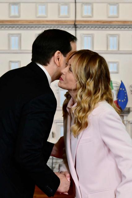 Italy's Prime Minister, Giorgia Meloni welcomes U.S. Secretary of State Marco Rubio during their meeting at Palazzo Chigi in Rome on May 8, 2026. (Photo by Stefano RELLANDINI / AFP)