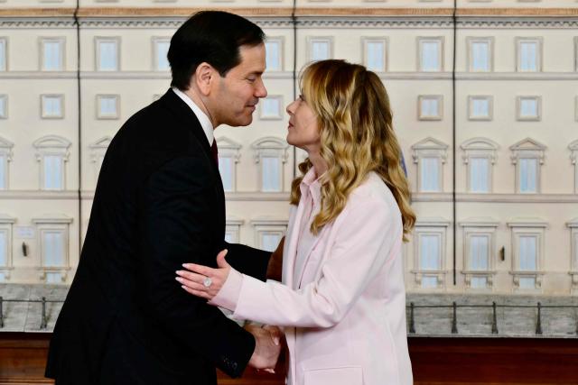 Italy's Prime Minister, Giorgia Meloni welcomes U.S. Secretary of State Marco Rubio during their meeting at Palazzo Chigi in Rome on May 8, 2026. (Photo by Stefano RELLANDINI / AFP)