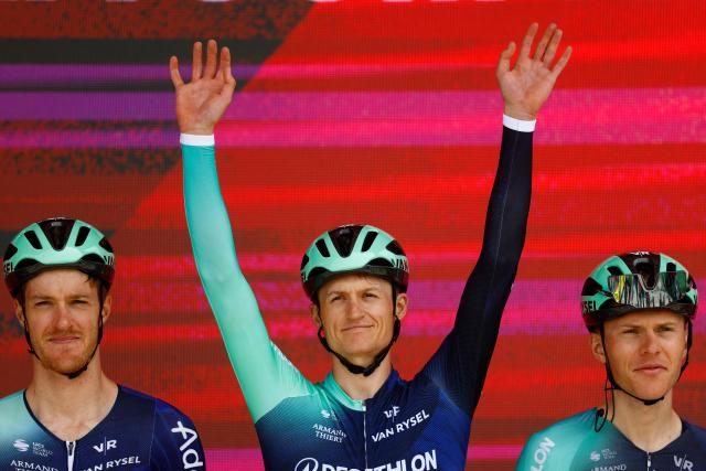 Decathlon CMA CGM Team Austrian rider Felix Gall (C) looks on during the presentation of the teams prior the 1st stage of the Giro d'Italia 2026 - Tour of Italy cycling race between Nessebar and Burgas, Bulgaria, on May 8, 2026. (Photo by Luca Bettini / AFP)