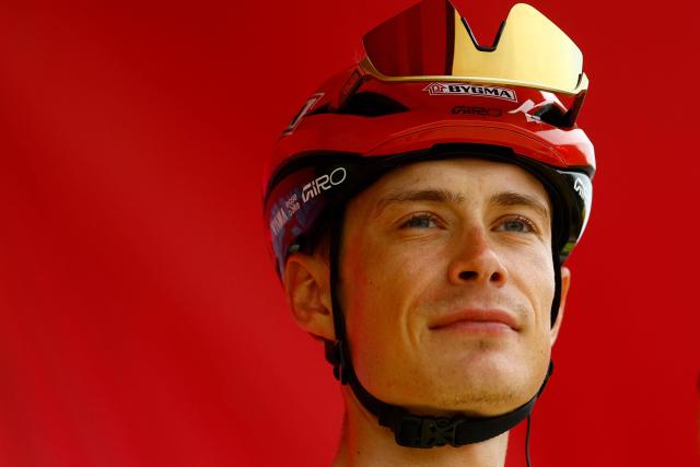 Team Visma Lease a Bike Danish rider Jonas Vingegaard looks on at the presentation of the teams prior the 1st stage of the Giro d'Italia 2026 - Tour of Italy cycling race between Nessebar and Burgas, Bulgaria, on May 8, 2026. (Photo by Luca Bettini / AFP)