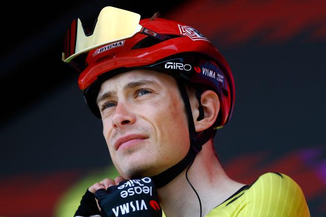 Team Visma Lease a Bike Danish rider Jonas Vingegaard looks on during the presentation of the teams prior the 1st stage of the Giro d'Italia 2026 - Tour of Italy cycling race between Nessebar and Burgas, Bulgaria, on May 8, 2026. (Photo by Luca Bettini / AFP)