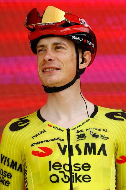 Team Visma Lease a Bike Danish rider Jonas Vingegaard looks on during the presentation of the teams prior the 1st stage of the Giro d'Italia 2026 - Tour of Italy cycling race between Nessebar and Burgas, Bulgaria, on May 8, 2026. (Photo by Luca Bettini / AFP)