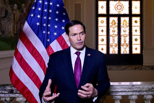 U.S. Secretary of State Marco Rubio speaks to the press at the US Embassy in Rome on May 8, 2026. (Photo by Stefano RELLANDINI / POOL / AFP)