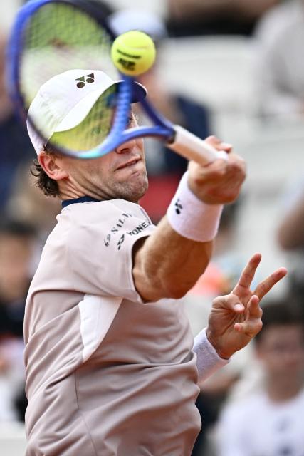 Norway's Casper Ruud plays a forehand return to US Zachary Svajda during their men's singles match of the WTA Rome Open tennis tournament at the Foro Italico in Rome on May 8, 2026. (Photo by Filippo MONTEFORTE / AFP)