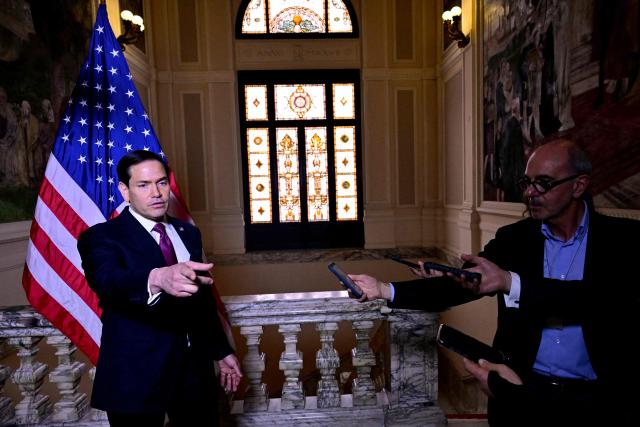 U.S. Secretary of State Marco Rubio speaks to the press at the US Embassy in Rome on May 8, 2026. (Photo by Stefano RELLANDINI / POOL / AFP)