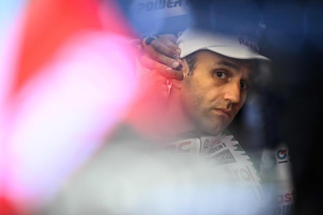 CASTROL Honda LCR's French rider Johann Zarco looks on as he sits in the pits prior to the start of the first free practice session ahead of the French Moto GP Grand Prix of France at Le Mans, northwestern France, on May 8, 2026. (Photo by Loic VENANCE / AFP)