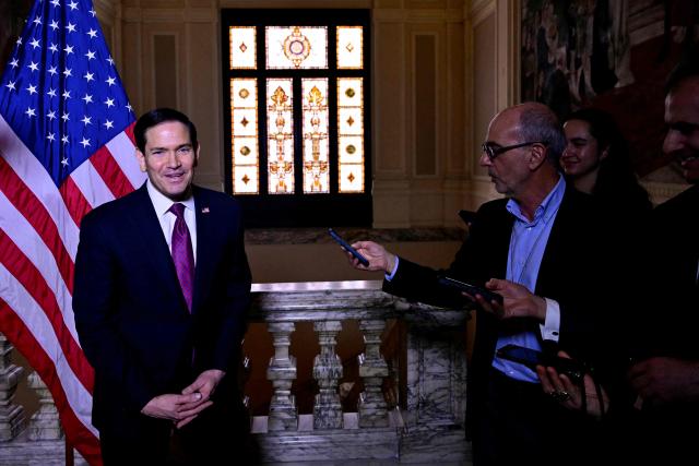 U.S. Secretary of State Marco Rubio speaks to the press at the US Embassy in Rome on May 8, 2026. (Photo by Stefano RELLANDINI / POOL / AFP)