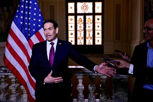 U.S. Secretary of State Marco Rubio speaks to the press at the US Embassy in Rome on May 8, 2026. (Photo by Stefano RELLANDINI / POOL / AFP)