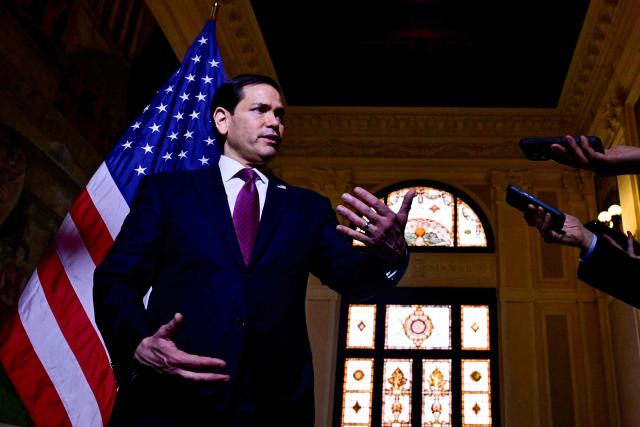 U.S. Secretary of State Marco Rubio speaks to the press at the US Embassy in Rome on May 8, 2026. (Photo by Stefano RELLANDINI / POOL / AFP)