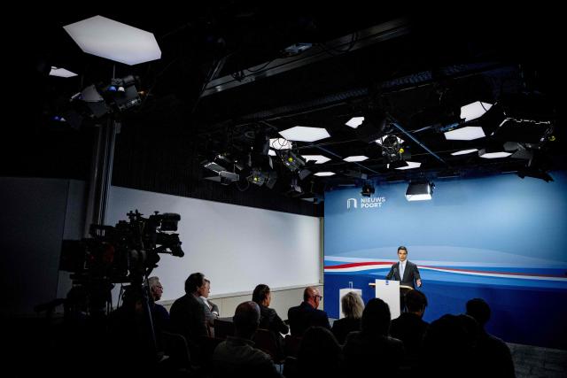 Dutch Prime Minister Rob Jetten speaks to the press following the first weekly cabinet meeting after the May recess, in The Hague on May 8, 2026. (Photo by Robin Utrecht / ANP / AFP) / Netherlands OUT