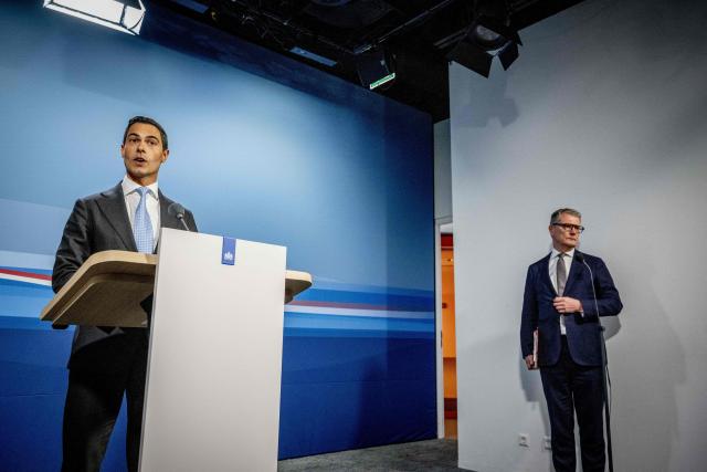 Dutch Prime Minister Rob Jetten speaks to the press following the first weekly cabinet meeting after the May recess, in The Hague on May 8, 2026. (Photo by Robin Utrecht / ANP / AFP) / Netherlands OUT