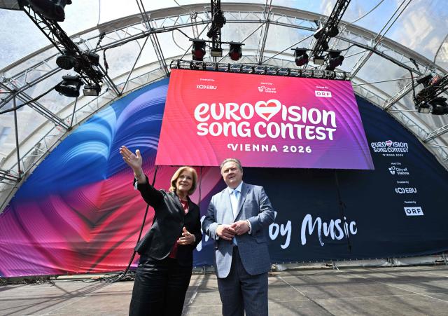 ORF General Director Ingrid Thurnher and Vienna's Mayor Michael Ludwig visit the 'Eurovision Village' fan area set up at City Hall Square (Rathausplatz) in Vienna, prior to the Eurovision Song Contest (ESC) on May 8, 2026. Vienna will host the two semi-finals of the ESC taking place on May 12 and May 14 and the final on May 16, 2026. (Photo by HELMUT FOHRINGER / APA / AFP) / Austria OUT
