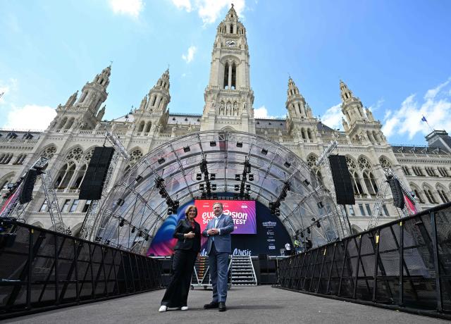 ORF General Director Ingrid Thurnher and Vienna's Mayor Michael Ludwig visit the 'Eurovision Village' fan area set up at City Hall Square (Rathausplatz) in Vienna, prior to the Eurovision Song Contest (ESC) on May 8, 2026. Vienna will host the two semi-finals of the ESC taking place on May 12 and May 14 and the final on May 16, 2026. (Photo by HELMUT FOHRINGER / APA / AFP) / Austria OUT