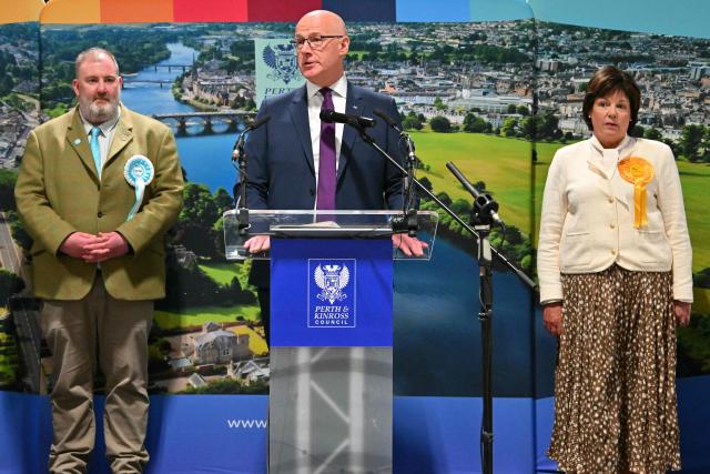 Scotland's First Minister and Scottish National Party (SNP) leader John Swinney speaks after winning his seat, at a vote-counting centre at the Dewars Centre in Perth, Perthshire, Scotland on May 8, 2026. (Photo by ANDY BUCHANAN / AFP)