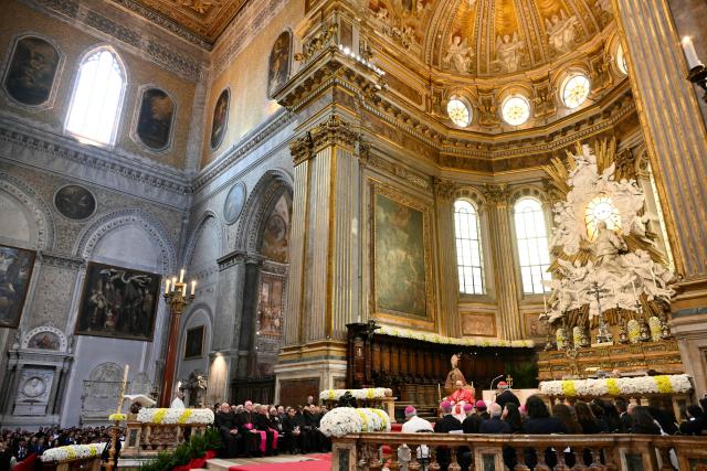 Pope Leo XIV sits in front of the statue of San Gennaro (Saint Januarius, patron of Naples) at Naples Cathedral as part of a pastoral visit in Naples on May 8, 2026. (Photo by Alberto PIZZOLI / AFP)