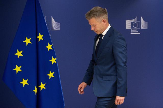 (FILES) Hungary's incoming Prime Minister Peter Magyar reacts upon arrival for a meeting with European Commission President in Brussels on April 29, 2026. Pro-European conservative Peter Magyar will be officially sworn in as Prime Minister by the Hungarian parliament on May 9, 2026, just under a month after his landslide victory in the parliamentary elections against nationalist Viktor Orban. (Photo by JOHN THYS / POOL / AFP)