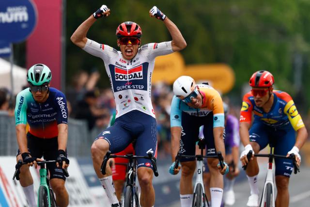 Soudal Quick-Step French rider Paul Magnier celebrates as he crosses the finish line to win the 1st stage of the Giro d'Italia 2026 - Tour of Italy cycling race between Nessebar and Burgas, Bulgaria, on May 8, 2026. (Photo by Luca Bettini / AFP)