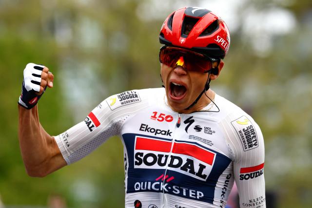 Soudal Quick-Step French rider Paul Magnier celebrates as he crosses the finish line to win the 1st stage of the Giro d'Italia 2026 - Tour of Italy cycling race between Nessebar and Burgas, Bulgaria, on May 8, 2026. (Photo by Luca Bettini / AFP)