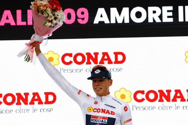 Soudal Quick-Step French rider Paul Magnier wearing the best young rider's white jersey (Maglia Bianca) after winning the 1st stage of the Giro d'Italia 2026 - Tour of Italy cycling race between Nessebar and Burgas, Bulgaria, on May 8, 2026. (Photo by Luca Bettini / AFP)