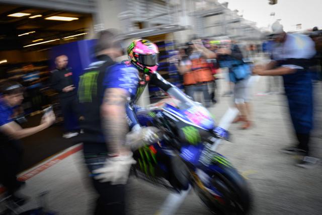 Monster Energy Yamaha MotoGP's French rider Fabio Quartararo leaves the pits during the first free practice session ahead of the French Moto GP Grand Prix of France at Le Mans, northwestern France, on May 8, 2026. (Photo by Loic VENANCE / AFP)