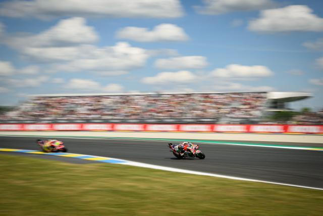 CASTROL Honda LCR's French rider Johann Zarco corners during the first practice session ahead of the French Moto GP Grand Prix of France at Le Mans, northwestern France, on May 8, 2026. The CASTROL Honda LCR's rider led the timings at the end of the session. (Photo by Loic VENANCE / AFP)